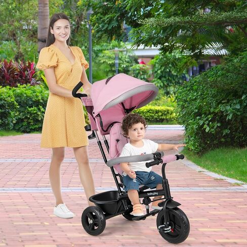 BABY JOY Tricycle, 4 in 1 Toddler Bike w/Removable Canopy, Adjustable Push Handle, Reversible Seat, Safety Belt, Folding Footrest & Storage Basket, Toddler Tricycle for Boys Girls 9-60 Months (Pink) in Saudi Arabia
