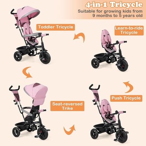 BABY JOY Tricycle, 4 in 1 Toddler Bike w/Removable Canopy, Adjustable Push Handle, Reversible Seat, Safety Belt, Folding Footrest & Storage Basket, Toddler Tricycle for Boys Girls 9-60 Months (Pink) in Saudi Arabia