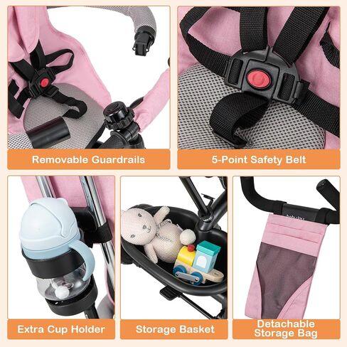 BABY JOY Tricycle, 4 in 1 Toddler Bike w/Removable Canopy, Adjustable Push Handle, Reversible Seat, Safety Belt, Folding Footrest & Storage Basket, Toddler Tricycle for Boys Girls 9-60 Months (Pink) in Saudi Arabia