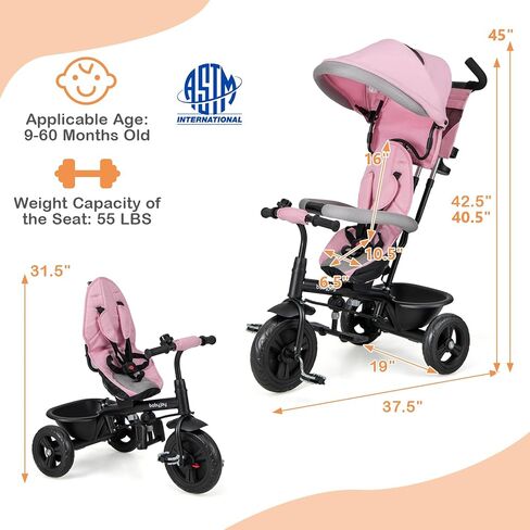 BABY JOY Tricycle, 4 in 1 Toddler Bike w/Removable Canopy, Adjustable Push Handle, Reversible Seat, Safety Belt, Folding Footrest & Storage Basket, Toddler Tricycle for Boys Girls 9-60 Months (Pink) in Saudi Arabia