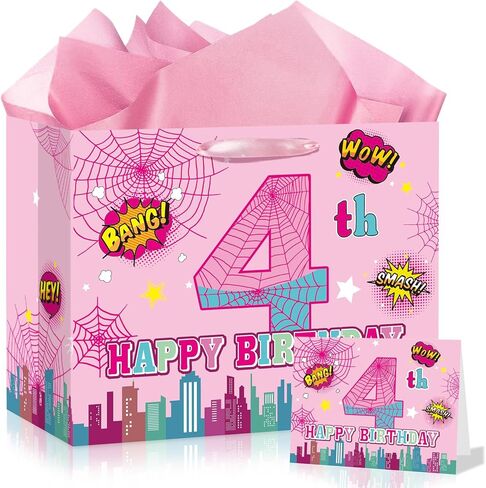 Spider 4th Birthday Gift Bag for Boys, Large Red Black Fourth Happy Birthday Bags with Tissue Paper and Greeting Card for Kids 4 Years Old Spider Web Cartoon Party Decorations Supplies Favors Decor in Saudi Arabia