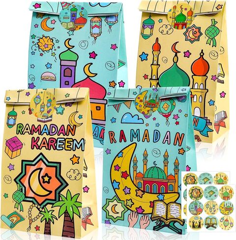 HOWAF Eid Mubarak Gift Bags, 12pcs Eid Goodies Bags Ramadan Candy Bag with Stickers Ramadan Paper Gift Bag for Muslim Al Fitr Party Supplies Colorful Mubarak party supplies in Saudi Arabia