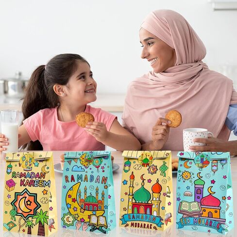HOWAF Eid Mubarak Gift Bags, 12pcs Eid Goodies Bags Ramadan Candy Bag with Stickers Ramadan Paper Gift Bag for Muslim Al Fitr Party Supplies Colorful Mubarak party supplies in Saudi Arabia