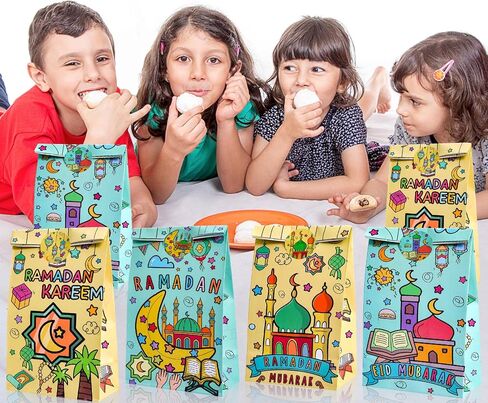HOWAF Eid Mubarak Gift Bags, 12pcs Eid Goodies Bags Ramadan Candy Bag with Stickers Ramadan Paper Gift Bag for Muslim Al Fitr Party Supplies Colorful Mubarak party supplies in Saudi Arabia