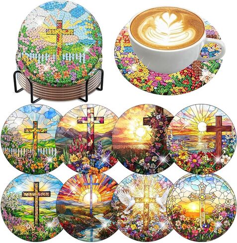 8 Pcs Diamond Art Coasters Kit, Pink Bow Diamond Art Coaster with Holder Cork for Adults Beginners, 5D DIY Full Round Diamonds Painting Coasters Kit for Gifts 4X4 Inch in Saudi Arabia