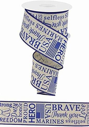 Craig Bachman 2.5" Marines Ribbon: Light Natural & Blue (10 Yards) Military Craft Floral Arrangement Gift Wrapping Wired Edge Ribbon in Saudi Arabia