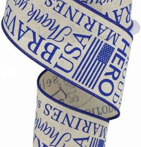 Craig Bachman 2.5" Marines Ribbon: Light Natural & Blue (10 Yards) Military Craft Floral Arrangement Gift Wrapping Wired Edge Ribbon in Saudi Arabia