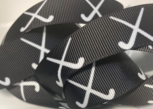 Grosgrain Ribbon - Black and White Hockey Print, Black Background with White Hockey Sticks. 7/8" Inches Wide, 10 Yards, Polyester Ribbon, Great for Hair Bows, Team Lanyards and All Crafts! in Saudi Arabia
