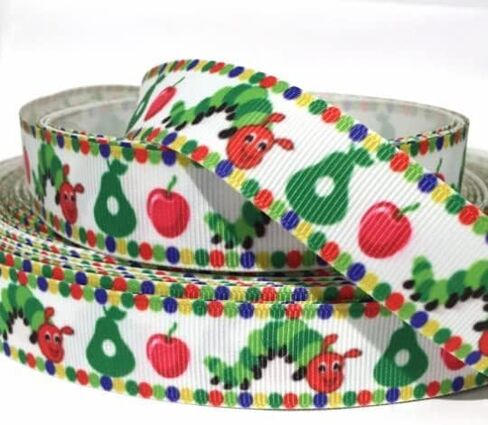 Grosgrain Ribbon 7/8" Caterpillars Apples Dots School Kids Printed Per Yard in Saudi Arabia