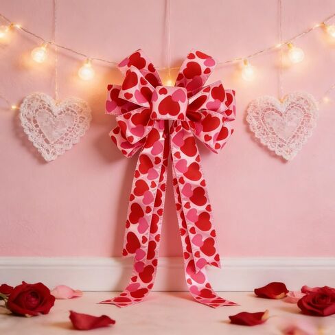 1Pc Valentine's Day Ribbon, Large Red Pink Valentines Wreath Bow Decor for Valentine's Day Wedding Holiday Party Wall Home Front Door Decorative in Saudi Arabia