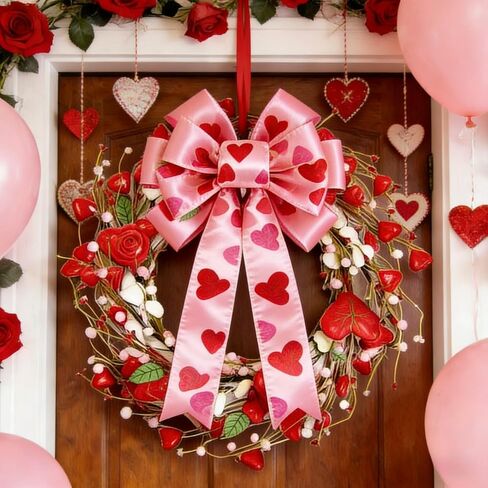 1Pc Valentine's Day Ribbon, Large Red Pink Valentines Wreath Bow Decor for Valentine's Day Wedding Holiday Party Wall Home Front Door Decorative in Saudi Arabia