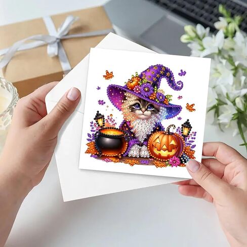 مجموعة بطاقات تهنئة من DoxQcs 5D DIY Diamond Art Painting، بطاقات عيد ميلاد عيد الميلاد والهالوين للمباركة والهدايا، مجموعة بطاقات تهنئة لعيد الميلاد وعيد الشكر والهالوين Cat-2 in Kuwait