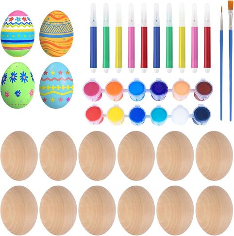 Easter Wooden Eggs for Crafts, 24pcs Unpainted Wooden Easter Eggs to Paint, Wooden Decorating Kits with Watercolor Paint and Pens, Unfinished Wood Egg for Home Decor DIY Craft Basket Fillers in Saudi Arabia