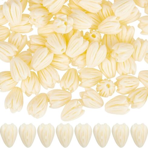 صندوق واحد من SUNNYCLUE 100 قطعة من خرز الزهور باللون الأصفر الفاتح والياسمين المرجاني الصناعي والبيج المصبوغ فواصل منحوتة ثلاثية الأبعاد لصنع المجوهرات والحرف اليدوية وقلادة وسوار مسبحة وديكورات الزفاف in Kuwait