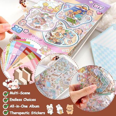 40 مجموعة DIY 3D ملصق مجموعة مشهد كتاب العلاج، مجموعة ملصقات منزلية ثلاثية الأبعاد للأطفال البالغين اصنع متجرك الخاص ملصقات المنزل للهدايا، وتخفيف التوتر، وتمرير الوقت، ومتجر الكعك، وبيوت شاي الباندا in Kuwait