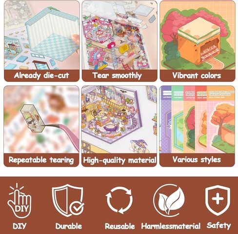 40 مجموعة DIY 3D ملصق مجموعة مشهد كتاب العلاج، مجموعة ملصقات منزلية ثلاثية الأبعاد للأطفال البالغين اصنع متجرك الخاص ملصقات المنزل للهدايا، وتخفيف التوتر، وتمرير الوقت، ومتجر الكعك، وبيوت شاي الباندا in Kuwait