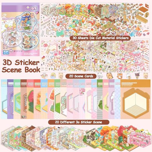 40 مجموعة DIY 3D ملصق مجموعة مشهد كتاب العلاج، مجموعة ملصقات منزلية ثلاثية الأبعاد للأطفال البالغين اصنع متجرك الخاص ملصقات المنزل للهدايا، وتخفيف التوتر، وتمرير الوقت، ومتجر الكعك، وبيوت شاي الباندا in Kuwait