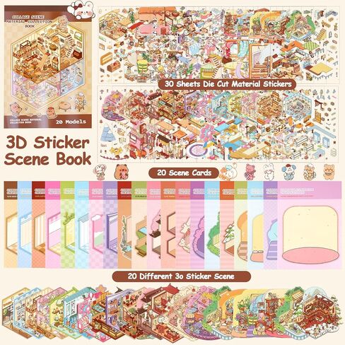 40 مجموعة DIY 3D ملصق مجموعة مشهد كتاب العلاج، مجموعة ملصقات منزلية ثلاثية الأبعاد للأطفال البالغين اصنع متجرك الخاص ملصقات المنزل للهدايا، وتخفيف التوتر، وتمرير الوقت، ومتجر الكعك، وبيوت شاي الباندا in Kuwait