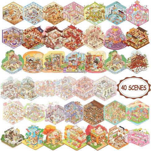 40 مجموعة DIY 3D ملصق مجموعة مشهد كتاب العلاج، مجموعة ملصقات منزلية ثلاثية الأبعاد للأطفال البالغين اصنع متجرك الخاص ملصقات المنزل للهدايا، وتخفيف التوتر، وتمرير الوقت، ومتجر الكعك، وبيوت شاي الباندا in Kuwait