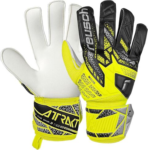 Reusch Attrakt Solid Finger Support Goalie Gloves, Soccer Goalkeeper Gloves, Flexible, Breathable, Durable, for Artificial Grass & Hard Surfaces, Yellow & Silver in Saudi Arabia