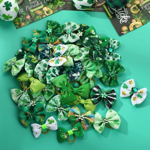 Weewooday 40 Independence Day Pieces Dog Hair Bows Puppy Dog Hair Accessories Pet Hair Flag Clover Bows with Elastic Rubber Band for Girl Dog Accessories for St. Patrick's Day in Saudi Arabia