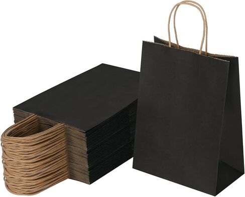 Joybe 50 حزمة 5.95x3.25x8 بوصة أكياس ورقية سوداء صغيرة مع مقابض السائبة، أكياس الهدايا الورقية كرافت لحفلة عيد ميلاد تفضل البقالة التجزئة التسوق الأعمال جودي البضائع الحرفية أكياس فارغة (50 قطعة) in Kuwait