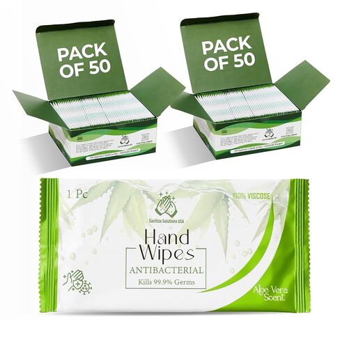 قسط مناديل ملفوفة بشكل فردي - الألوة فيرا | صديق للبيئة ، جاهزة للسفر ، ترطيب (عدد واحد (حزمة 100)) in Kuwait