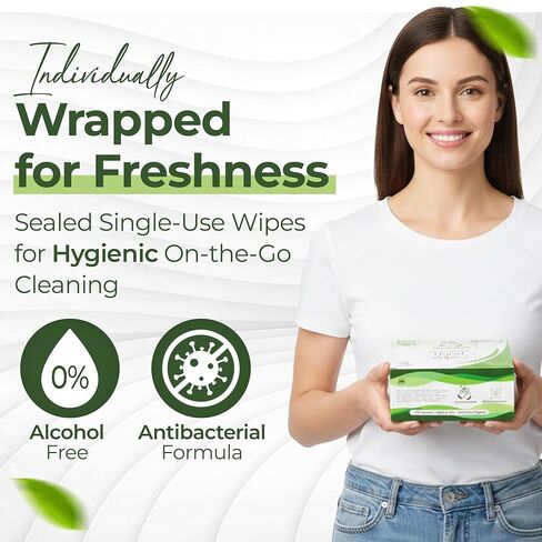 قسط مناديل ملفوفة بشكل فردي - الألوة فيرا | صديق للبيئة ، جاهزة للسفر ، ترطيب (عدد واحد (حزمة 100)) in Kuwait