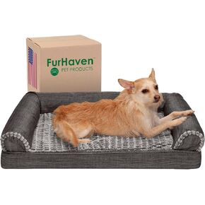 فورهافن سرير كلاب متوسط الحجم لتقويم العظام مصنوع من الفرو الصناعي والكتان عالي الاداء مع غطاء قابل للازالة والغسل - لون ودسموك، مقاس M in Kuwait