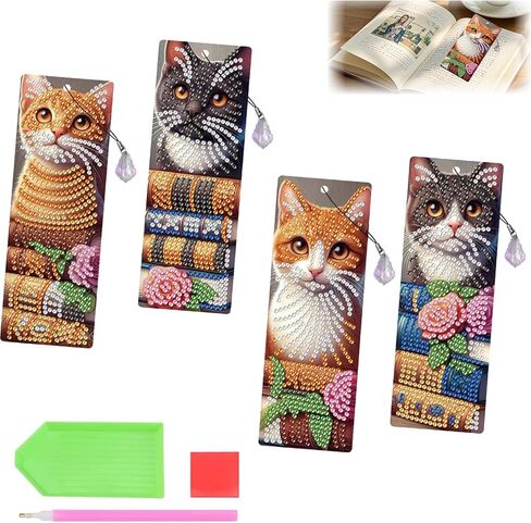 ACSAUMMY 4pcs القط الماس اللوحة المرجعية، 5D DIY الحيوانات تصميم الماس الفن الإشارات المرجعية مع شرابات كريستال مطرز الماس مجموعات الفن للكبار الحرف قراءة النساء المبتدئين هدية عيد ميلاد التخرج in Kuwait