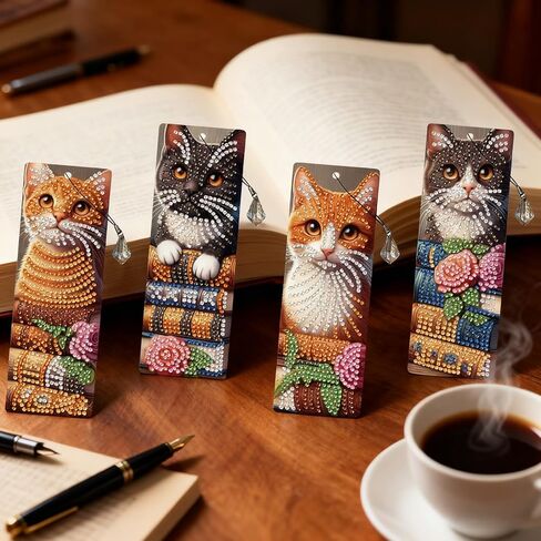 ACSAUMMY 4pcs القط الماس اللوحة المرجعية، 5D DIY الحيوانات تصميم الماس الفن الإشارات المرجعية مع شرابات كريستال مطرز الماس مجموعات الفن للكبار الحرف قراءة النساء المبتدئين هدية عيد ميلاد التخرج in Kuwait