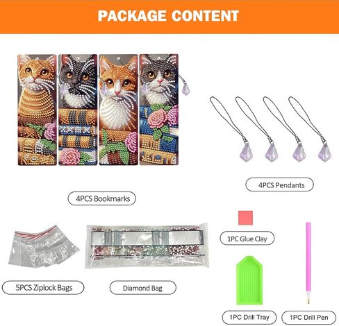 ACSAUMMY 4pcs القط الماس اللوحة المرجعية، 5D DIY الحيوانات تصميم الماس الفن الإشارات المرجعية مع شرابات كريستال مطرز الماس مجموعات الفن للكبار الحرف قراءة النساء المبتدئين هدية عيد ميلاد التخرج in Kuwait