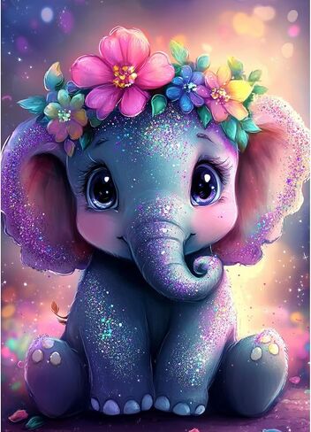KEYIFA Diamond Art Kits for Adults, DIY Diamond Painting Baby Elephant, Round Full Drill, 5D Animal Diamonds Dots Mosaic Painting, Crystal Gem Arts Craft for Home Wall Decor 30x40cm in Kuwait