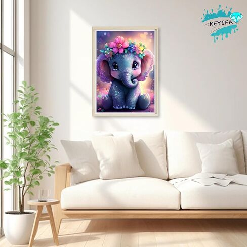 KEYIFA Diamond Art Kits for Adults, DIY Diamond Painting Baby Elephant, Round Full Drill, 5D Animal Diamonds Dots Mosaic Painting, Crystal Gem Arts Craft for Home Wall Decor 30x40cm in Kuwait