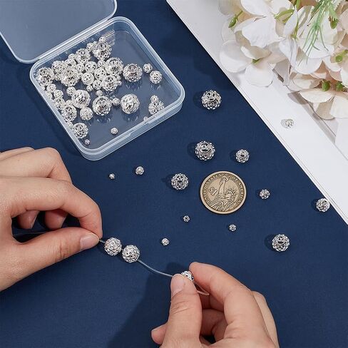 PH PandaHall 925 Sterling Silver Plated Hollow Beads 7 Sizes 70pcs Round Filigree Beads Brass Spacer Bead Metal Ball Bead for Jewelry Making Bracelets Necklaces Earrings DIY Crafts, 3/4/5/6/8/10/12mm in Saudi Arabia