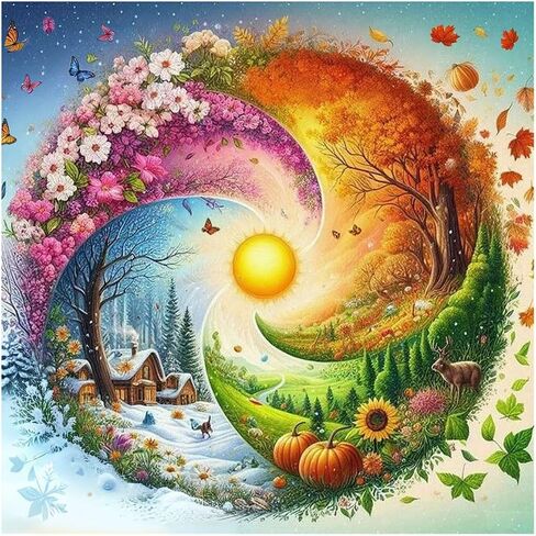 طقم طلاء ألماس كامل الحفر 5D من HvasJing Link Four Seasons للبالغين - صديق للمبتدئين مع أدوات كاملة، تخفيف التوتر DIY لديكور جدار المنزل، 12 × 12 بوصة ألماس دائري كامل in Kuwait
