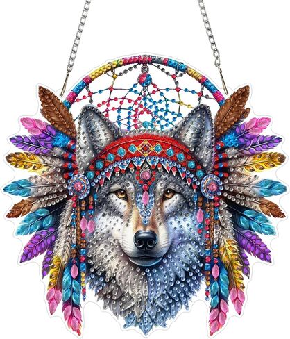 قلادة اللوحة الماسية من CEOVR Native Wolf، فن الماس المعلق على شكل Dreamcatcher للبالغين، زينة معلقة على الحائط من الأكريليك، ديكور حديقة المنزل من الأكريليك مع سلسلة، طقم صندوق 7.87 × 7.87 بوصة in Kuwait