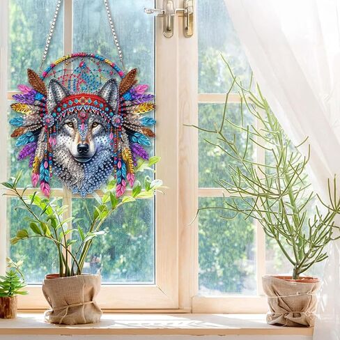 قلادة اللوحة الماسية من CEOVR Native Wolf، فن الماس المعلق على شكل Dreamcatcher للبالغين، زينة معلقة على الحائط من الأكريليك، ديكور حديقة المنزل من الأكريليك مع سلسلة، طقم صندوق 7.87 × 7.87 بوصة in Kuwait