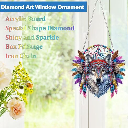 قلادة اللوحة الماسية من CEOVR Native Wolf، فن الماس المعلق على شكل Dreamcatcher للبالغين، زينة معلقة على الحائط من الأكريليك، ديكور حديقة المنزل من الأكريليك مع سلسلة، طقم صندوق 7.87 × 7.87 بوصة in Kuwait