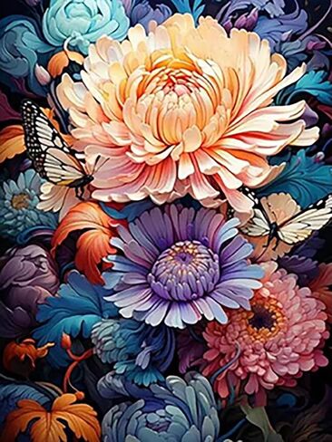NebuIuxe Vintage Floral 5D Diamond Painting Kit، حفر كامل كريستال حجر الراين DIY الفن، خلفية داكنة مع زهور وردية وزرقاء ومرجانية in Kuwait