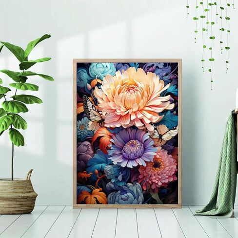 NebuIuxe Vintage Floral 5D Diamond Painting Kit، حفر كامل كريستال حجر الراين DIY الفن، خلفية داكنة مع زهور وردية وزرقاء ومرجانية in Kuwait