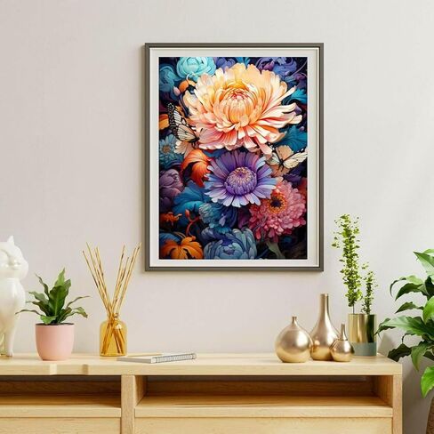 NebuIuxe Vintage Floral 5D Diamond Painting Kit، حفر كامل كريستال حجر الراين DIY الفن، خلفية داكنة مع زهور وردية وزرقاء ومرجانية in Kuwait