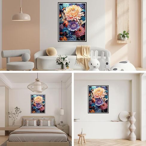 NebuIuxe Vintage Floral 5D Diamond Painting Kit، حفر كامل كريستال حجر الراين DIY الفن، خلفية داكنة مع زهور وردية وزرقاء ومرجانية in Kuwait