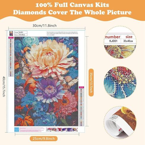 NebuIuxe Vintage Floral 5D Diamond Painting Kit، حفر كامل كريستال حجر الراين DIY الفن، خلفية داكنة مع زهور وردية وزرقاء ومرجانية in Kuwait