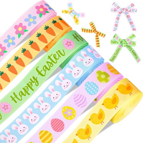 Whaline 6 Rolls Easter Grosgrain Ribbons 30 Yards Pastel Easter Cartoon Floral Bunny Egg Fabric Craft Ribbon for Wreath Bow Gift Wrap Spring Party Decor, 7/8" in Saudi Arabia