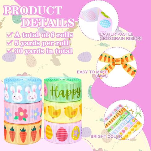 Whaline 6 Rolls Easter Grosgrain Ribbons 30 Yards Pastel Easter Cartoon Floral Bunny Egg Fabric Craft Ribbon for Wreath Bow Gift Wrap Spring Party Decor, 7/8" in Saudi Arabia
