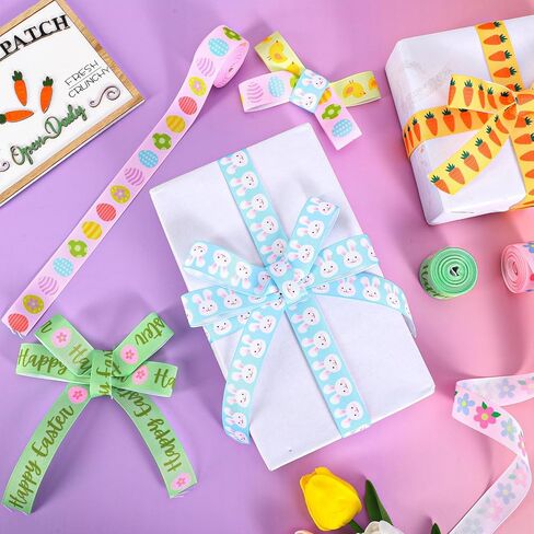 Whaline 6 Rolls Easter Grosgrain Ribbons 30 Yards Pastel Easter Cartoon Floral Bunny Egg Fabric Craft Ribbon for Wreath Bow Gift Wrap Spring Party Decor, 7/8" in Saudi Arabia