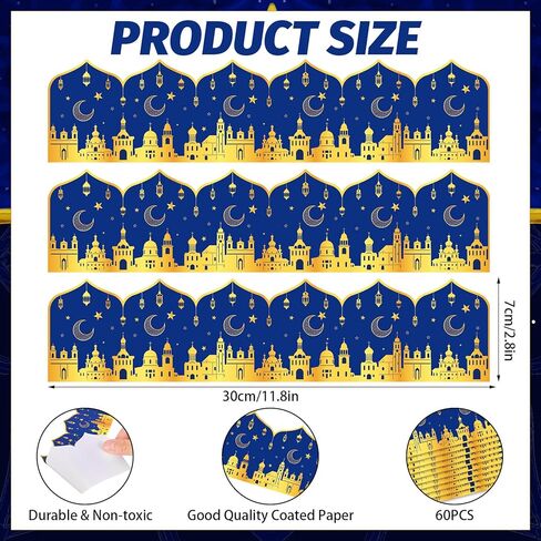 Whaline 59 Ft Eid Ramadan Bulletin Board Borders Trim Blue Gold Islamic Mubarak Mosque Night Border Trim for Home Classroom Party Wall Decoration, 60 Pcs in Saudi Arabia