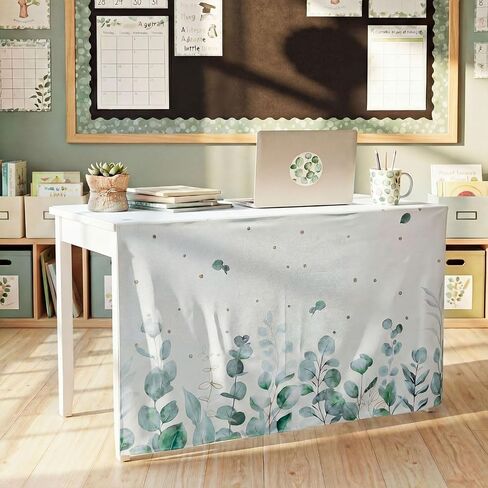 Table Skirt Sage Green Teacher Desk Skirt for Classroom Desk Rectangle Tables Eucalyptus Leaf Decoration with Adhesive Strip for Back to School Bookcase Cabinet Decoration(30 Inches X 9 ft) in Saudi Arabia