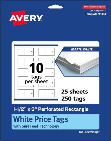 Avery Printable Perforated Rectangle Price Tags, Sure Feed Technology, 1-1/2" x 3", Matte White Cardstock, Print-to-The-Edge, Laser/Inkjet Printable, 250 Total in Saudi Arabia